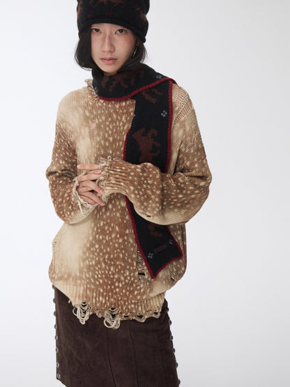 Vintage Deer Print Distressed Knit Sweater