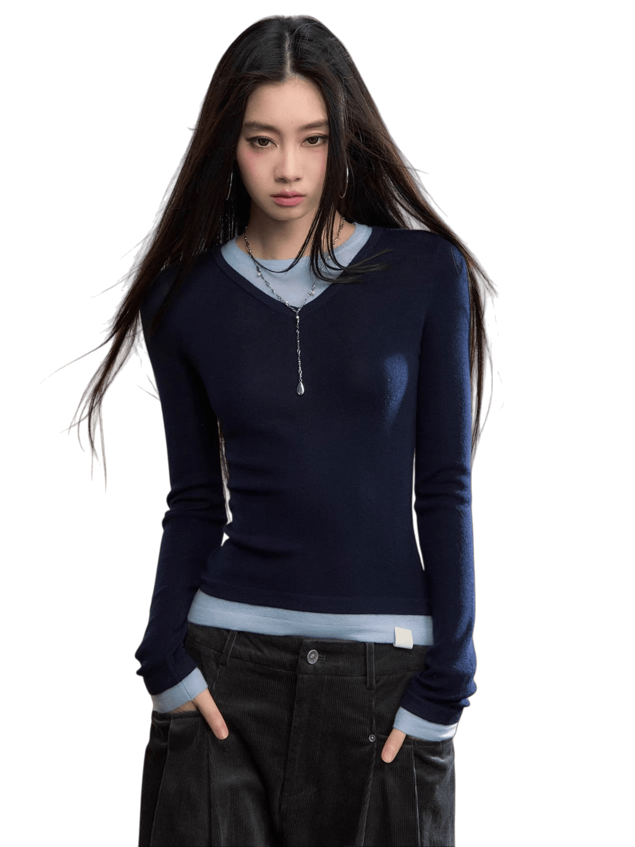 Contrast V-Neck Layered Knit Turtleneck