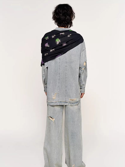 Silver-Foil Raw-Edge Oversized Denim Shirt