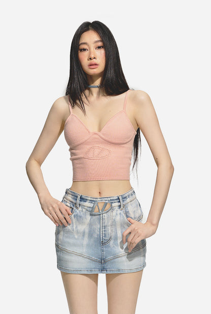 Pink &amp; White Cutout Knitted Halter Top - CHINASQUAD