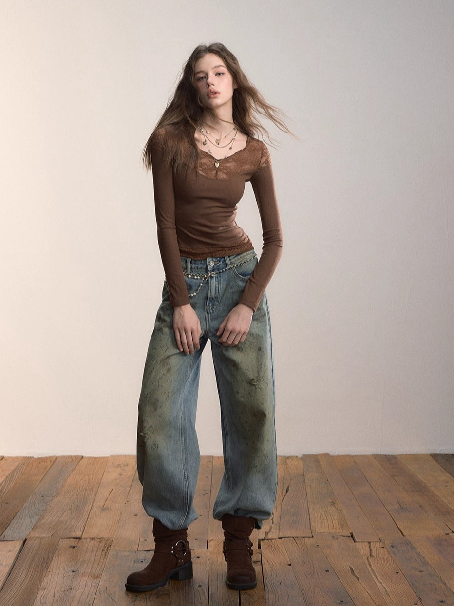 Lace-Trimmed Rib Knit V-Neck Knitwear