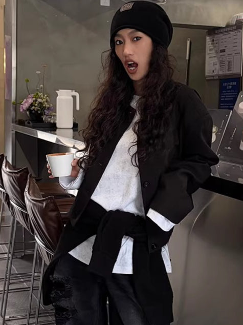 Washed Fringe-Edge Collarless Cropped Blazer