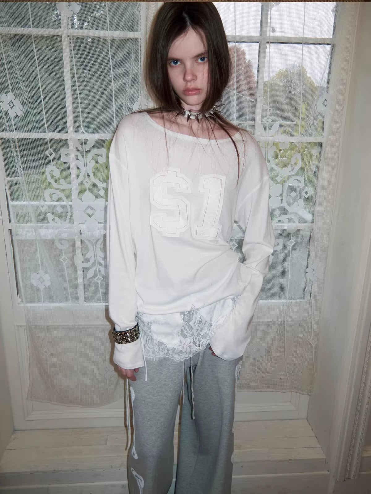 Lace-Hem Drawstring Long-Sleeve T-Shirt