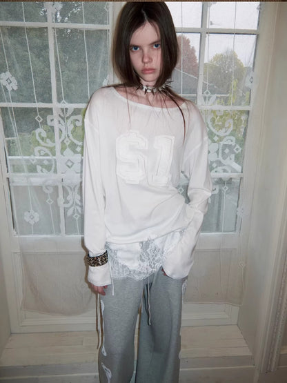 Lace-Hem Drawstring Long-Sleeve T-Shirt