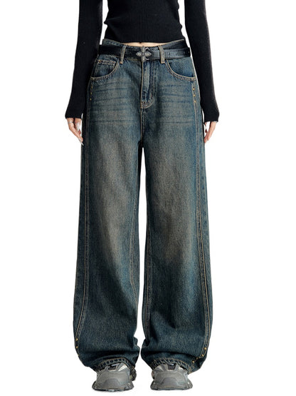 Vintage Blue Wide-leg Distressed Denim Pants