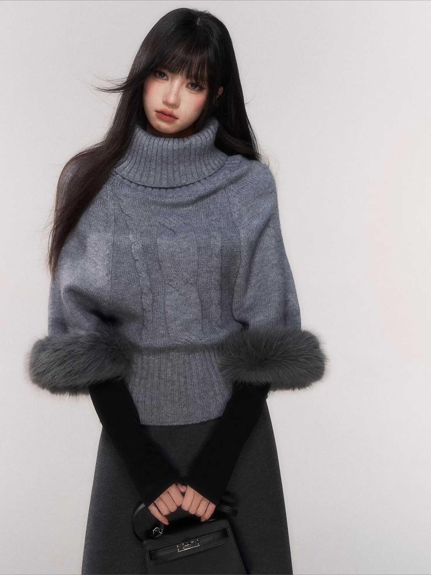 Cable-Knit Turtleneck Cape Sweater