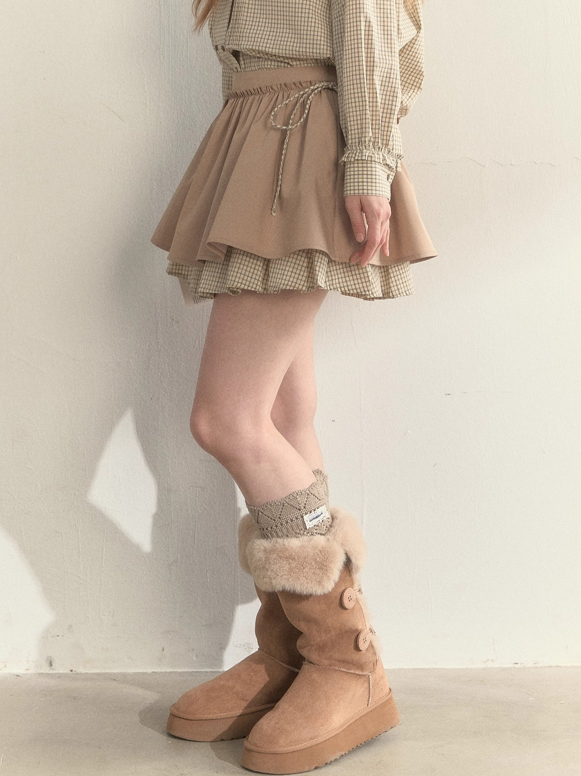 Retro Khaki Double-Layer Pleated Skirt