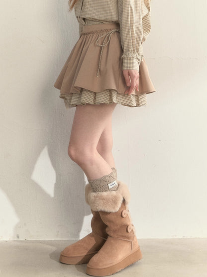 Retro Khaki Double-Layer Pleated Skirt