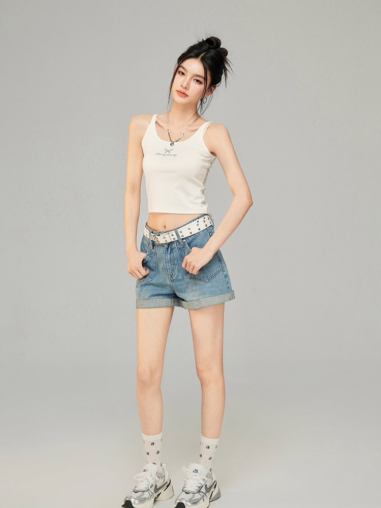 High-Waisted Cuffed Denim Shorts