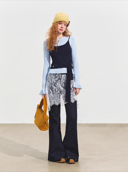 Faux Two-Piece Contrast Tie Sweater