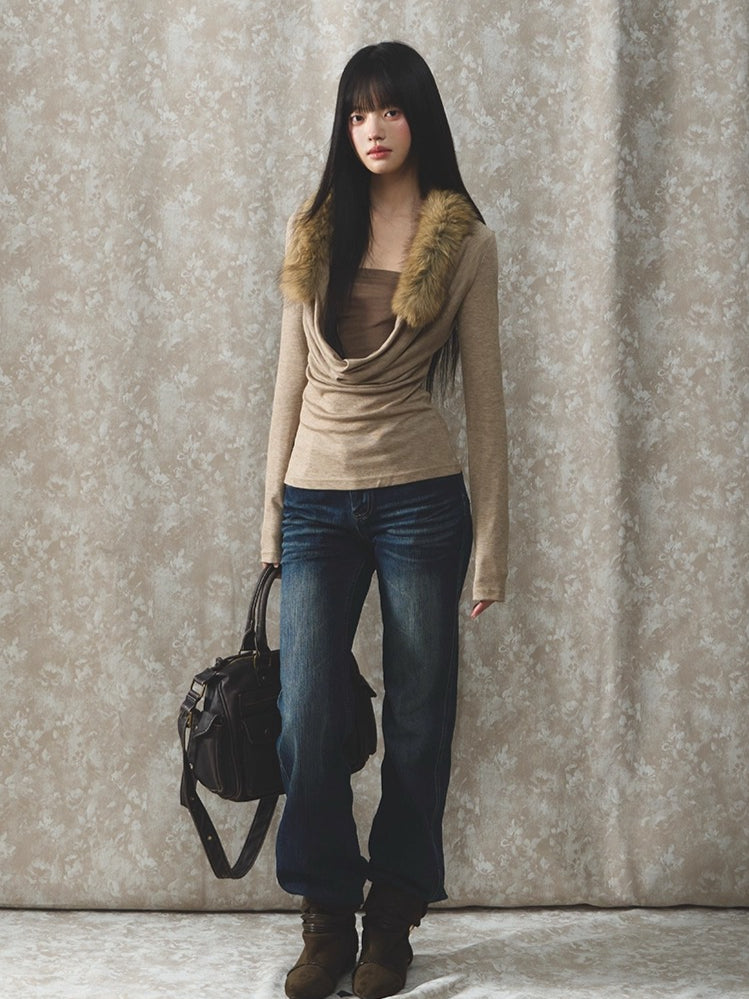 Two-Piece Draped-Collar Knit Crewneck