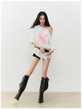 Rhinestone Printed Asymmetric Shoulder Short sleeve T-shirt - CHINASQUAD