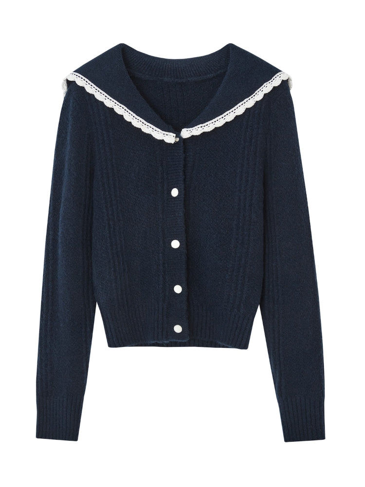 Sailor Collar Lace Trim Knitted Cardigan 