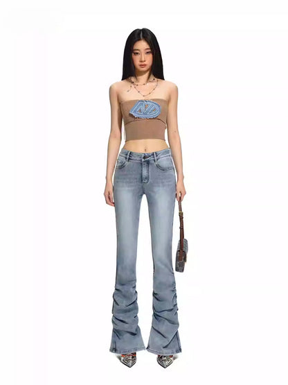 Blue Distressed Slim-Fit Flared Jeans