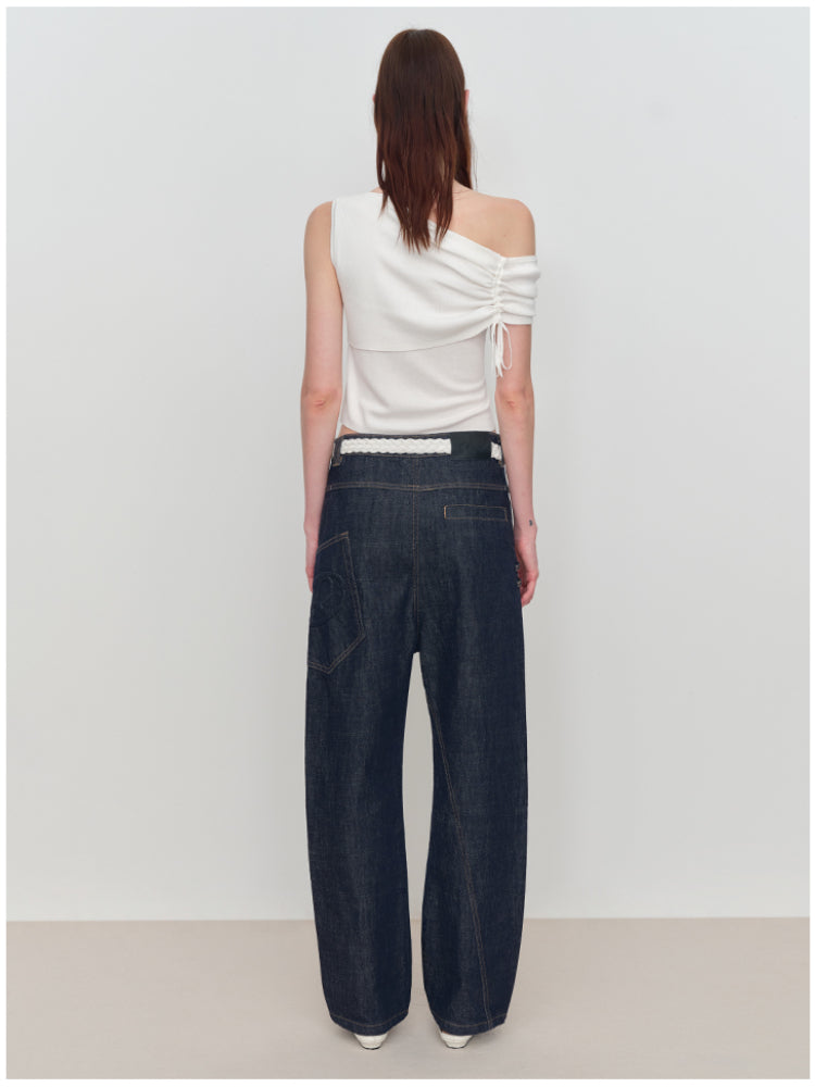Asymmetric Drawstring Ruched One-Shoulder Blouse