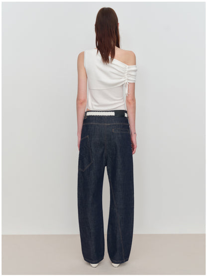 Asymmetric Drawstring Ruched One-Shoulder Blouse