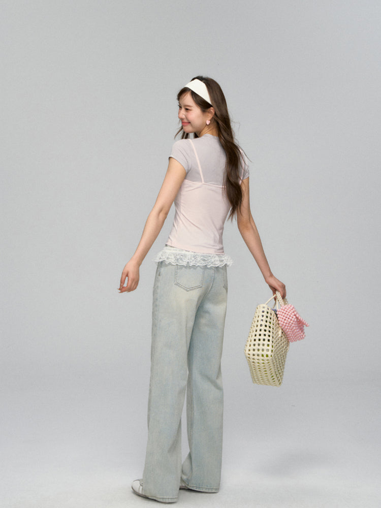 Fake Two Piece Lace Bow Short-Sleeve T-shirt