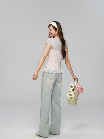 Fake Two Piece Lace Bow Short-Sleeve T-shirt
