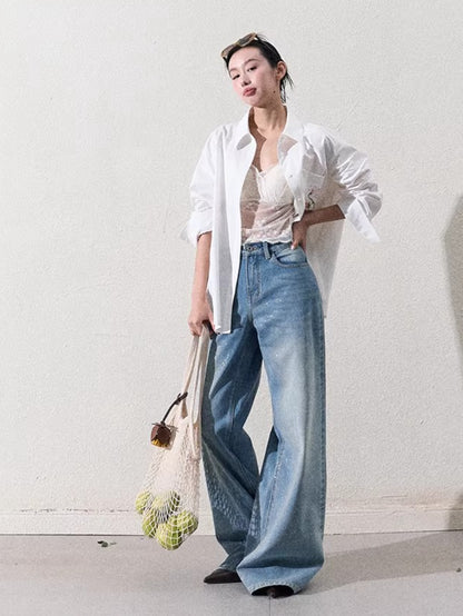 Cotton Silver-Splatter Wide-Leg Jeans