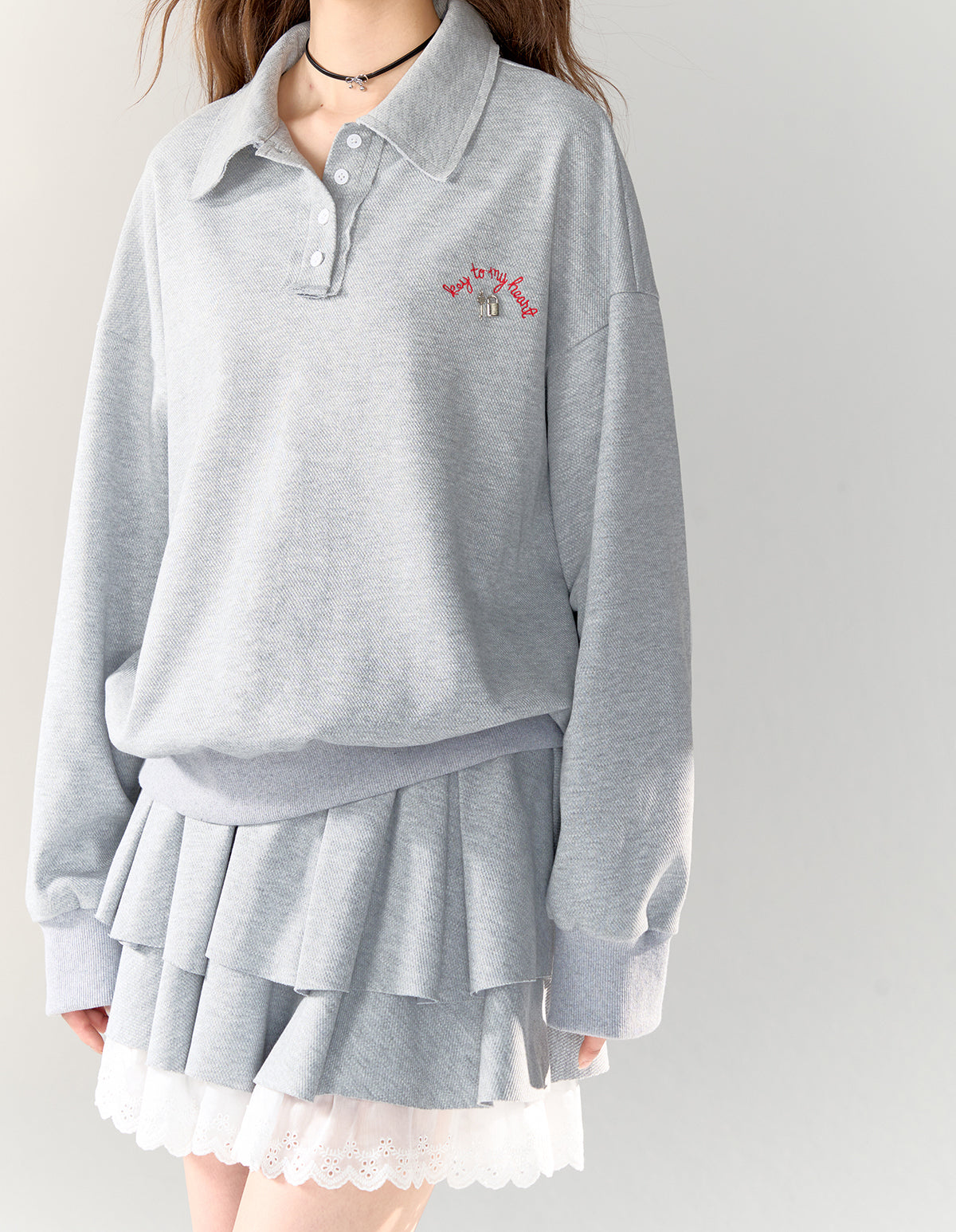 American College Style Polo Collar Sweatshirt &amp; Skirt Set