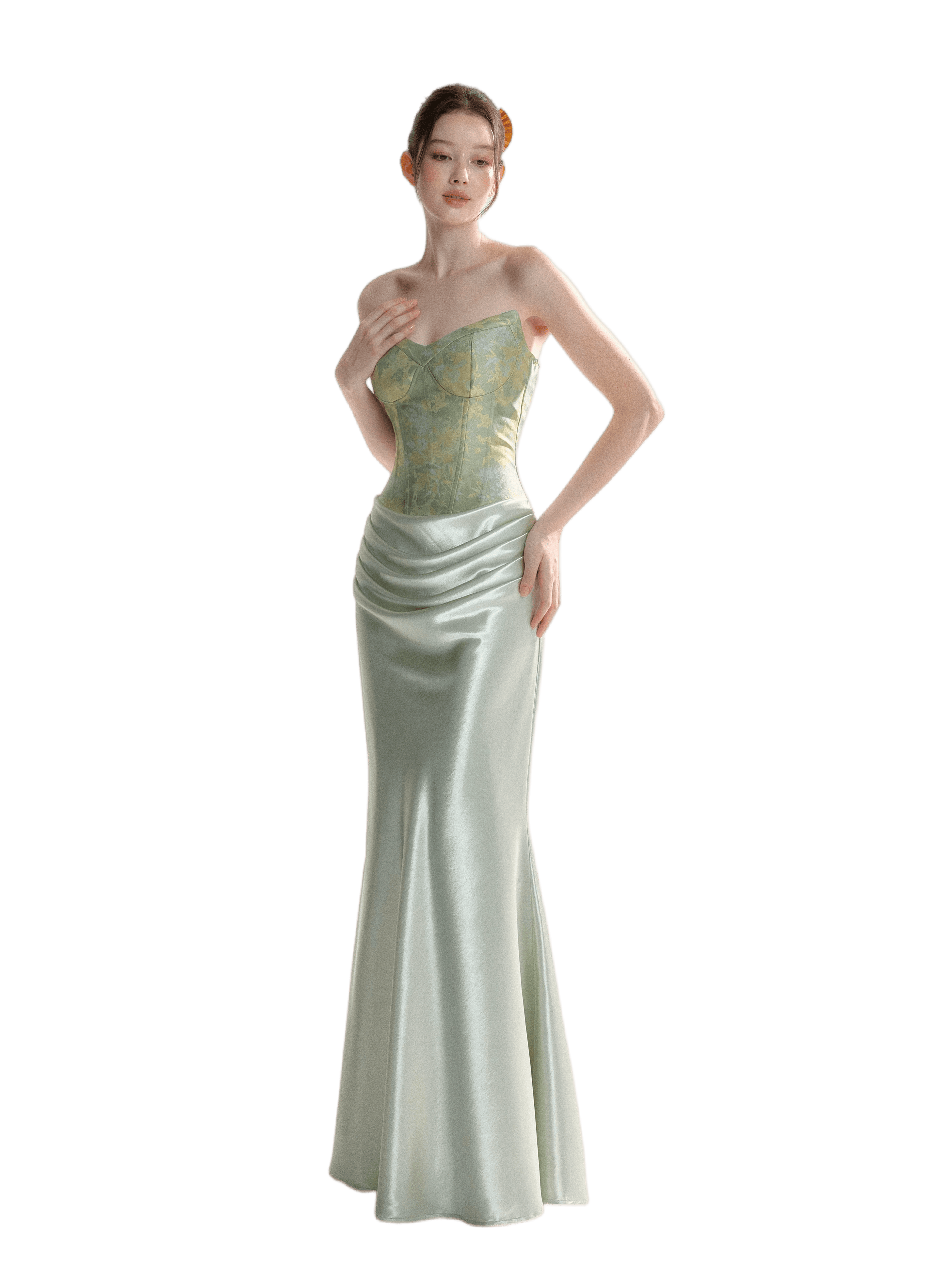 Jade Whisper Jacquard Corset Satin Evening Gown