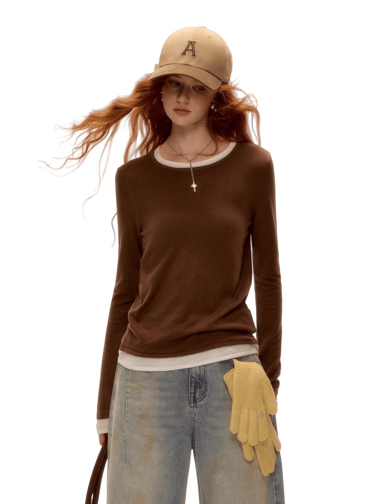 Layered-Effect Crew Neck Fitted Knit T-Shirt