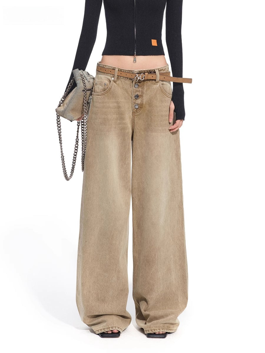 &quot;Rose Series&quot; Washed Twill Wide-Leg Denim Jeans