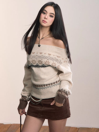 Fair Isle Off-Shoulder Wool Blend Knit Sweater