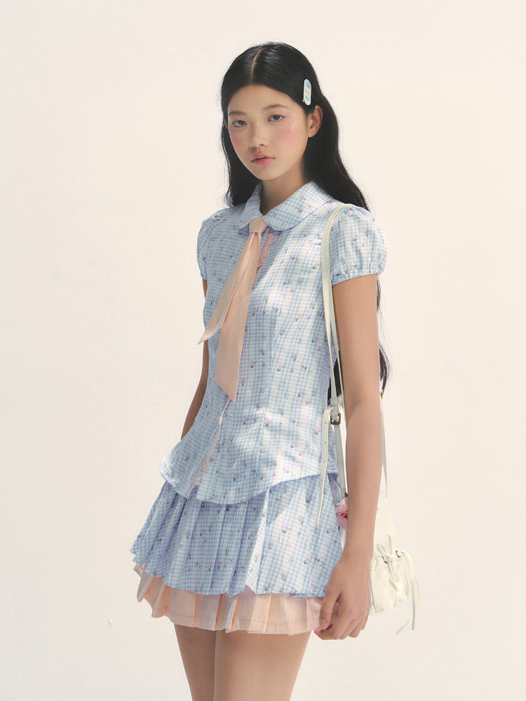 Blue Floral Contrast Check Shirt &amp; Skirt Set - CHINASQUAD