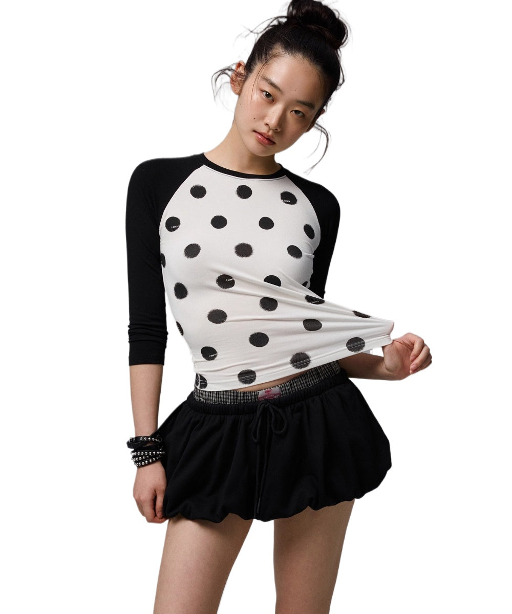 Color-Block Patchwork Polka Dot Print Raglan T-shirt