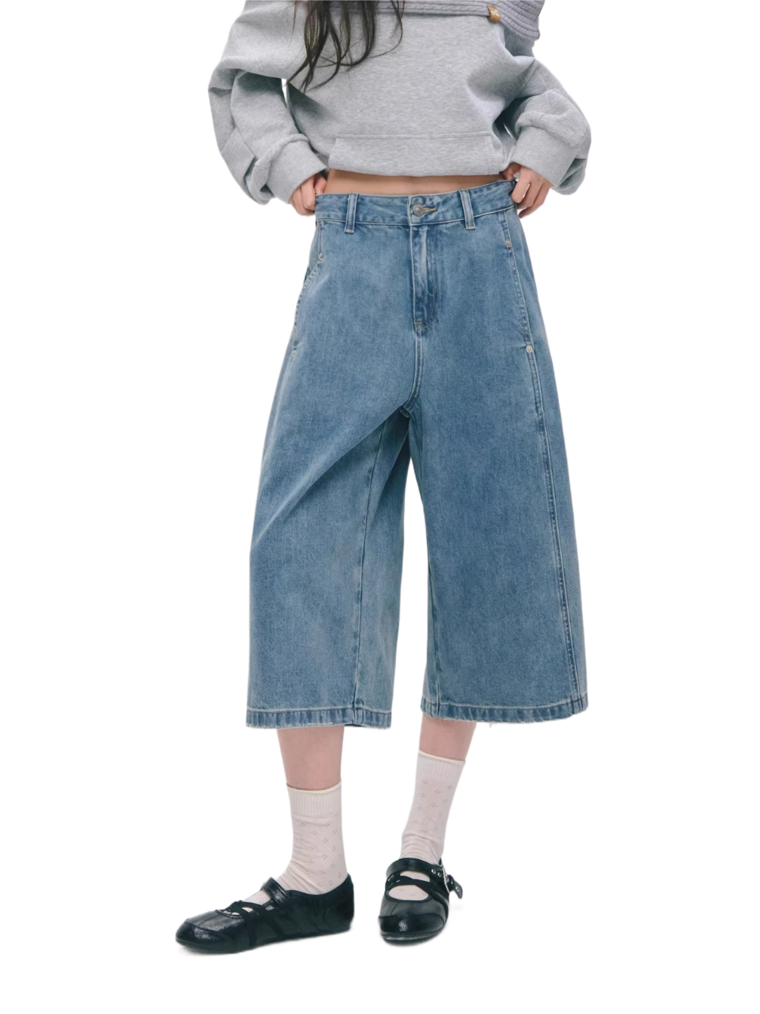 Deconstructed Panel Wide-Leg Bermuda Denim Shorts