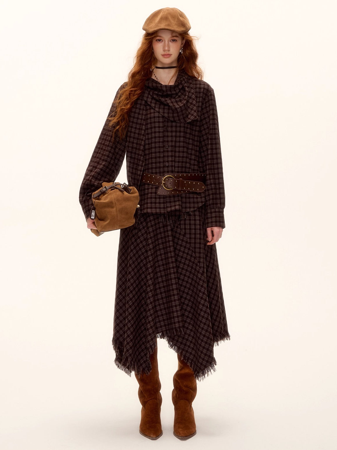 Frayed Hem Plaid Studded Belt Asymmetric A-Line Midi Skirt