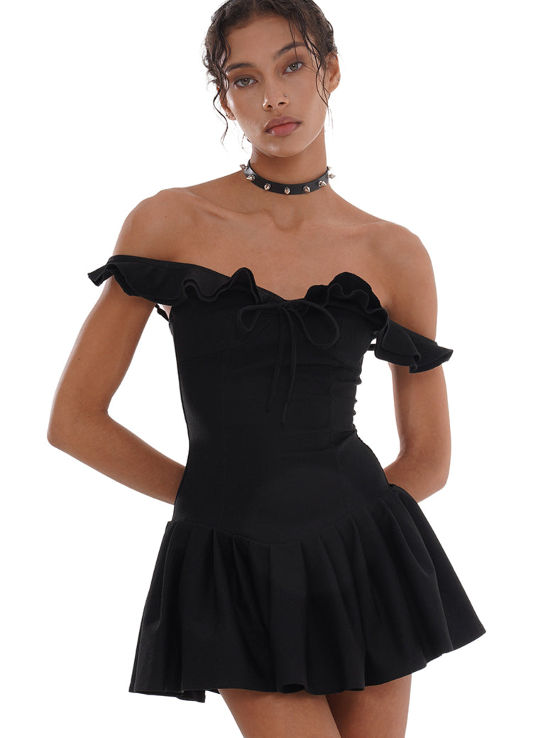 High Elastic Ruffled Waist Skater Mini Dress