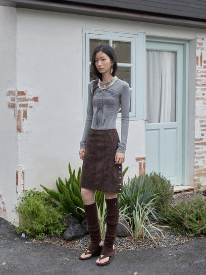 Henley Animal-Print Knitted Long Sleeves T-Shirt