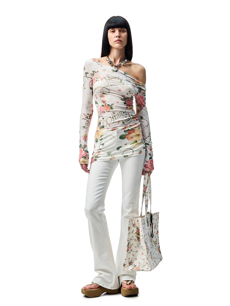 Floral All-over Print Off-the-Shoulder Sheer Cover-up