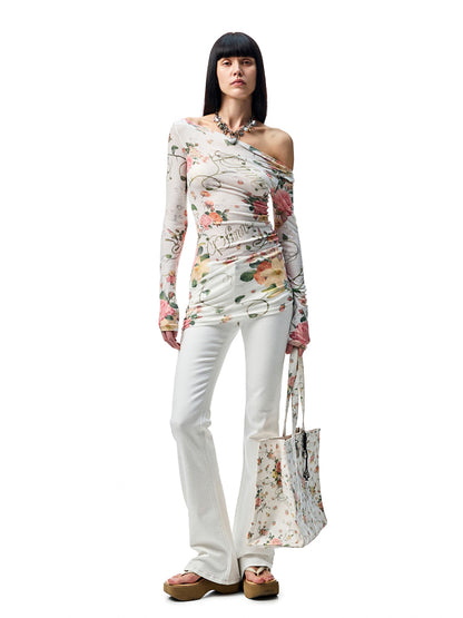 Floral All-over Print Off-the-Shoulder Sheer Cover-up