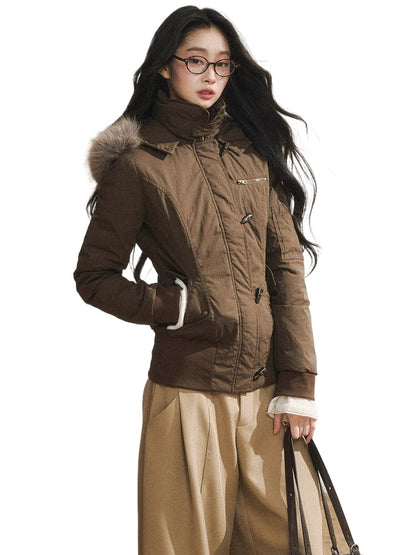 Two-Tone Faux Fur Collar Hooded Duffle Puffer Jacket