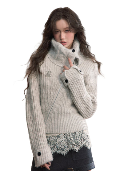 Oversized Lapel Asymmetrical Zip Knit Cardigan