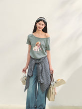 Asymmetric Shoulder Bow Puppy Printed T-Shirt - CHINASQUAD