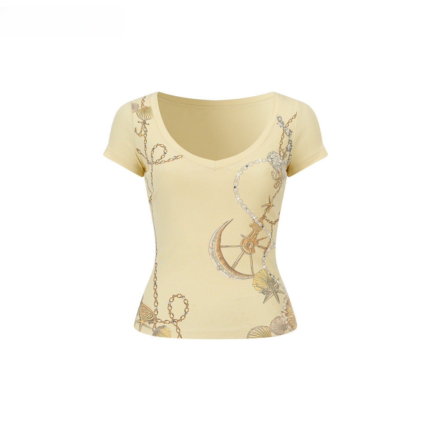 Embellished Printed V-Neck Cropped T-Shirt