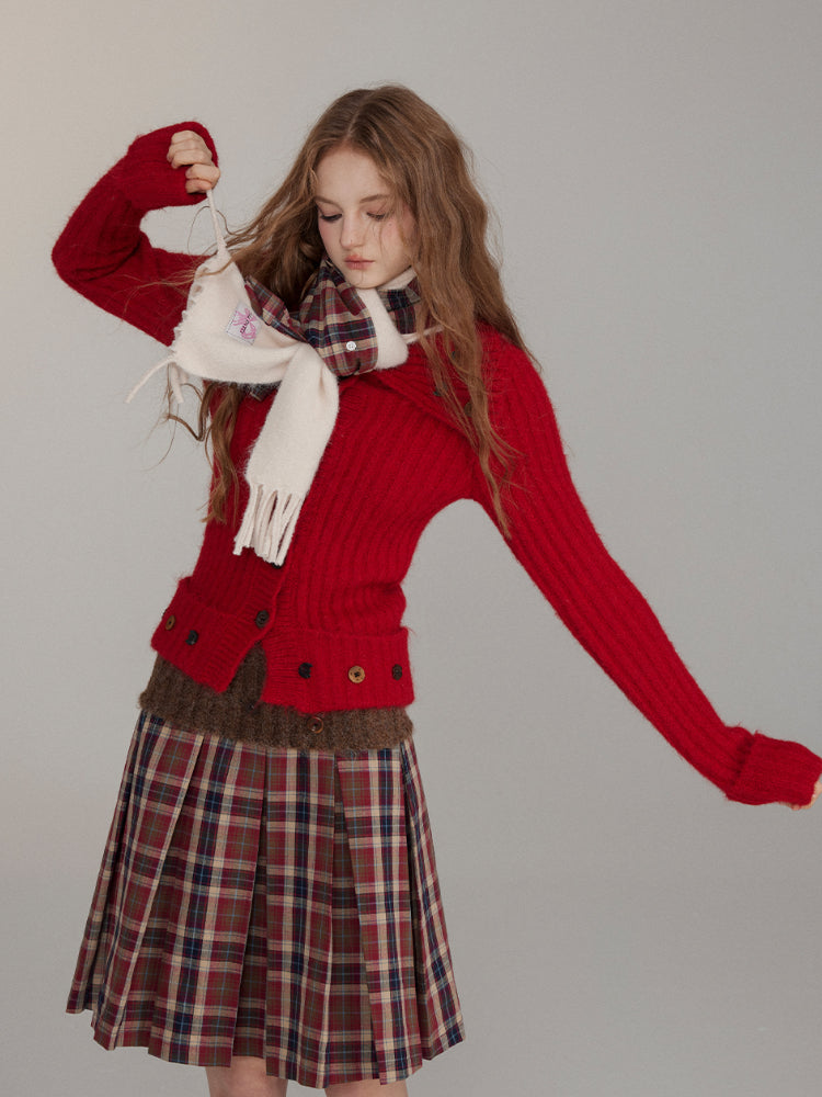 Patchwork Button Wool Pleated Skirt