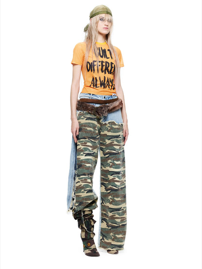 Camouflage Panel Distressed Washed Jeans