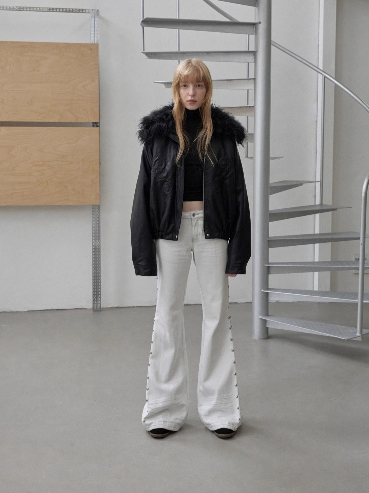 Studded Cat-Whisker Flared Denim Pants