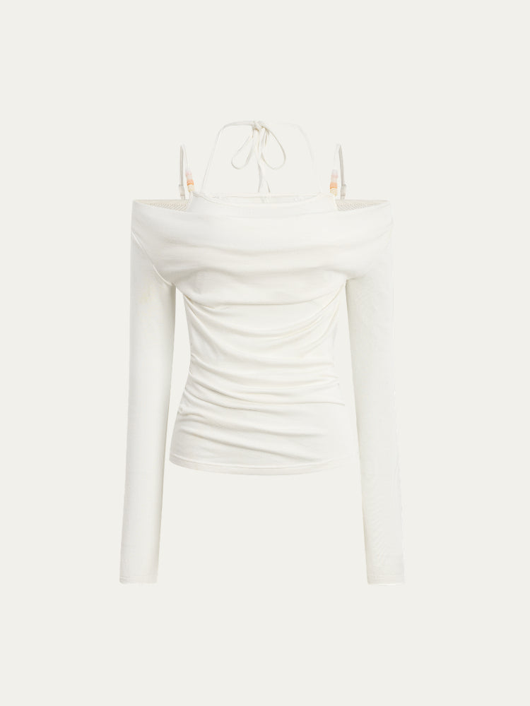 Beaded Halter Fake Two- Piece Blouse - CHINASQUAD