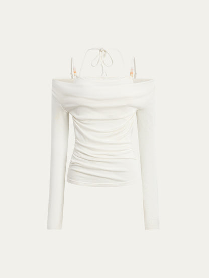 Beaded Halter Fake Two- Piece Blouse - CHINASQUAD
