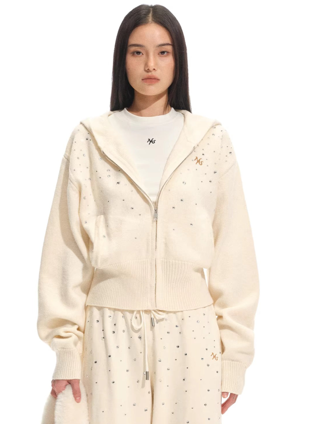 Stardust Gradient Rhinestone Hooded Knit Cardigan