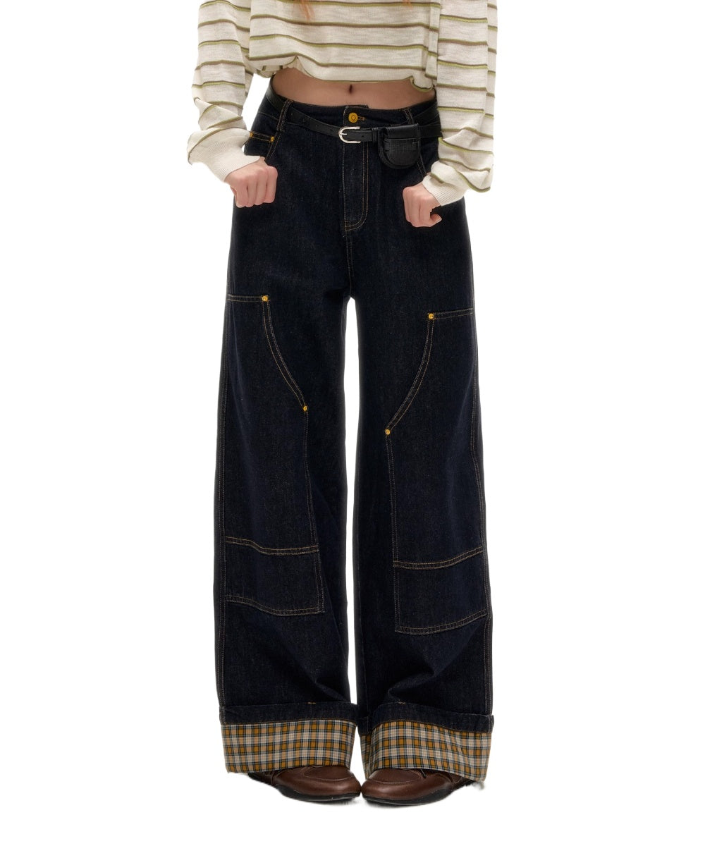 Plaid Cuff Wide-Leg Jeans