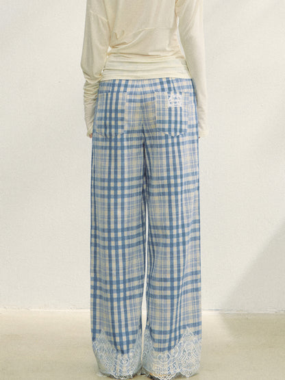 Lace Panel Checked Straight-Leg Pants - CHINASQUAD