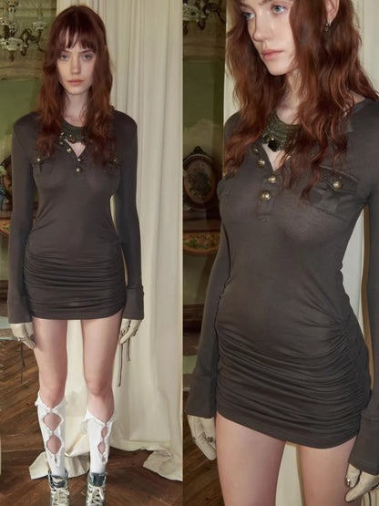 Drawstring Knit Bodycon Midi Dress