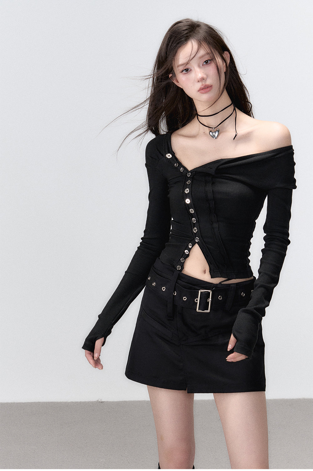 Black &amp; Brown Buttoned Off-shoulder T-Shirt